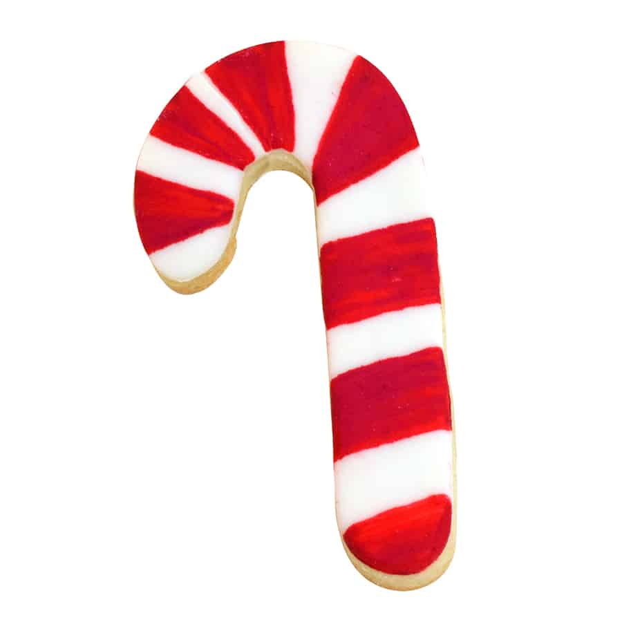 Candy cane-shaped cookie decorated with red and white diagonal stripes.