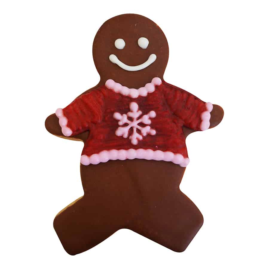 Gingerbread boy cookie decorated with a red sweater featuring a snowflake design and pink accents.