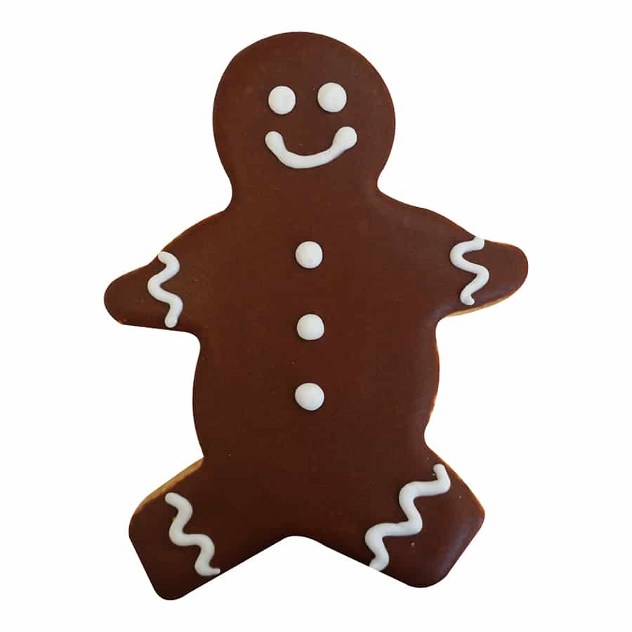Decorated gingerbread boy cookie with white icing for eyes, buttons, and smile.