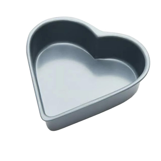 Gray metal heart-shaped cake pan with 2-inch deep sides, shown angled on a white background.