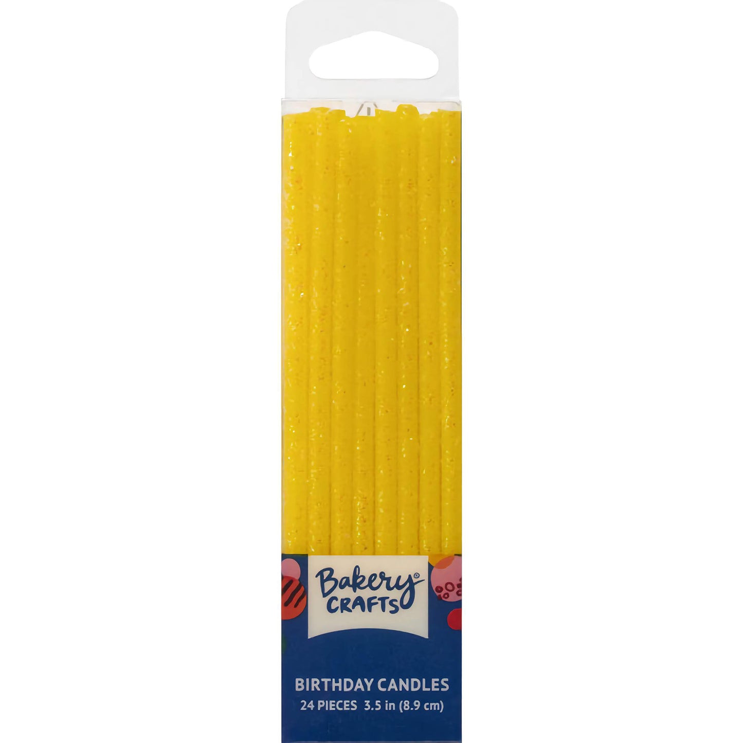 Pack of 24 Yellow Slim Glittery Birthday Candle Tapers, each 3.5 inches tall, featuring a vibrant yellow color with a glittery finish, ideal for adding sparkle to any celebration.