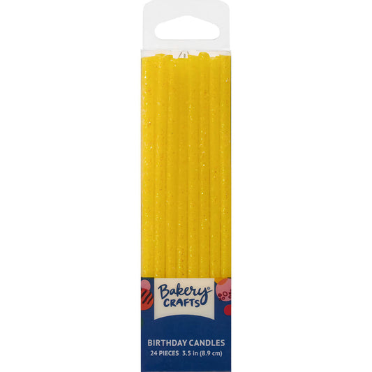 Pack of 24 Yellow Slim Glittery Birthday Candle Tapers, each 3.5 inches tall, featuring a vibrant yellow color with a glittery finish, ideal for adding sparkle to any celebration.