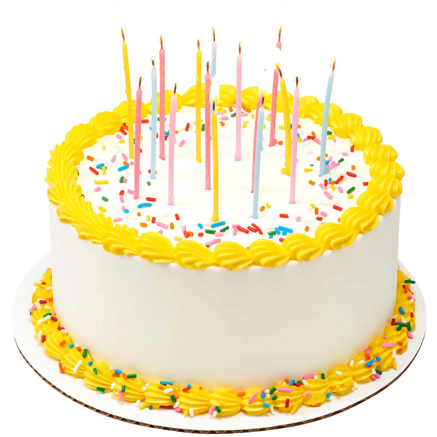 Yellow slim glittery birthday candles, 3.5 inches, lit and placed on a cake with yellow frosting and colorful sprinkles. Cake has a yellow frosted border and white icing.