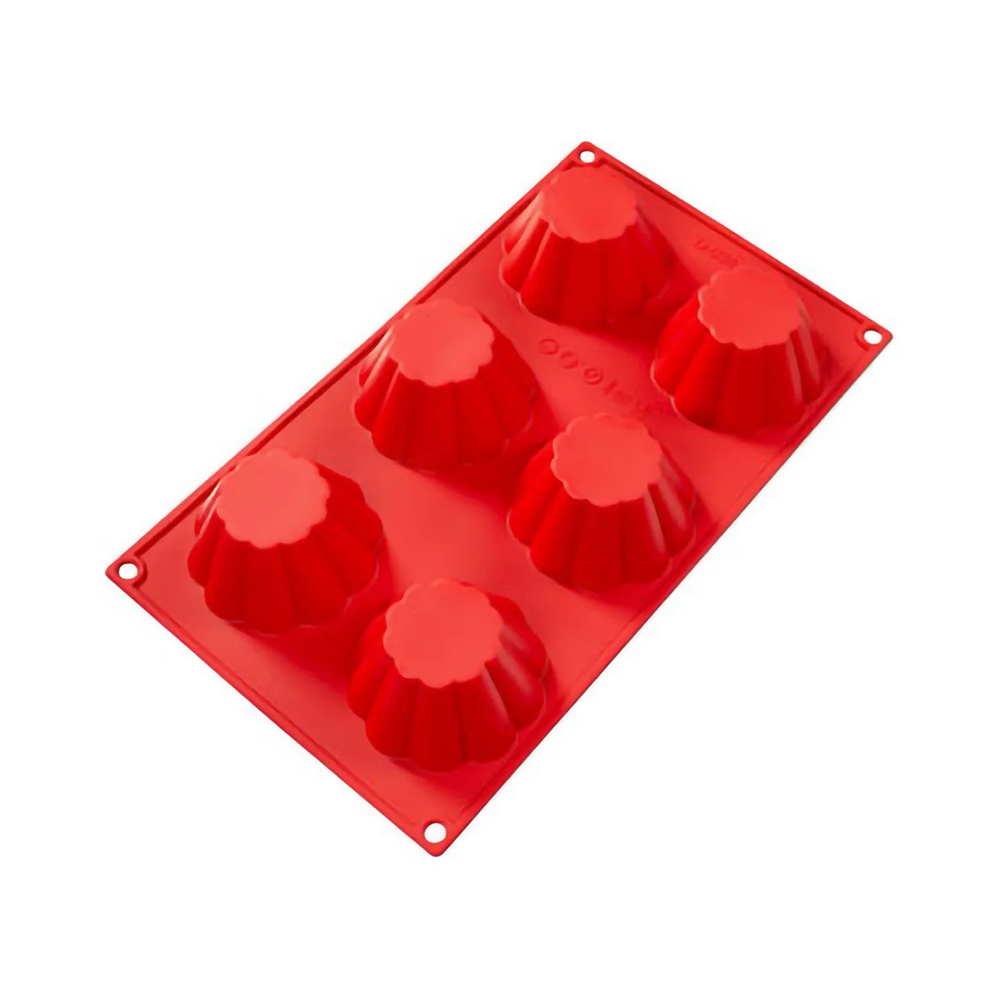 Fat Daddio's Silicone 3.7 Oz Baking Brioche Mold in red, featuring six fluted cavities. Made from food-grade silicone, flexible, non-stick, and temperature-safe from -40°F to 550°F.