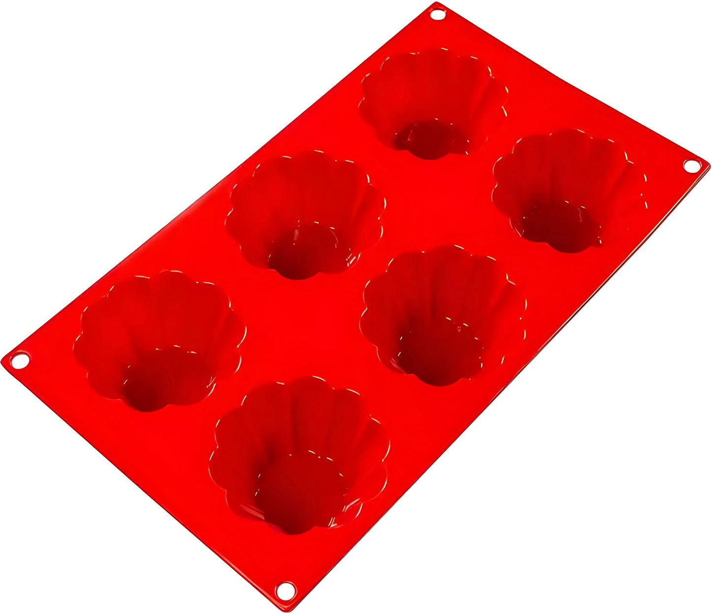 Fat Daddio's Silicone 3.7 Oz Baking Brioche Mold in red, featuring six fluted cavities. Made from food-grade silicone, flexible, non-stick, and temperature-safe from -40°F to 550°F.