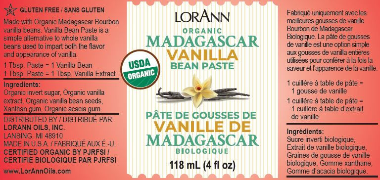 Label of LorAnn Organic Madagascar Vanilla Bean Paste, detailing the ingredients, USDA organic certification, and usage instructions.