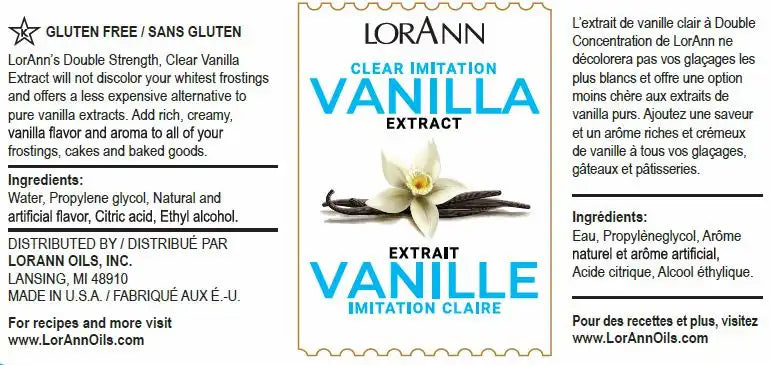 Label of LorAnn Clear Imitation Vanilla Extract, highlighting the gluten-free and double strength formula, ingredients, and usage instructions in both English and French.