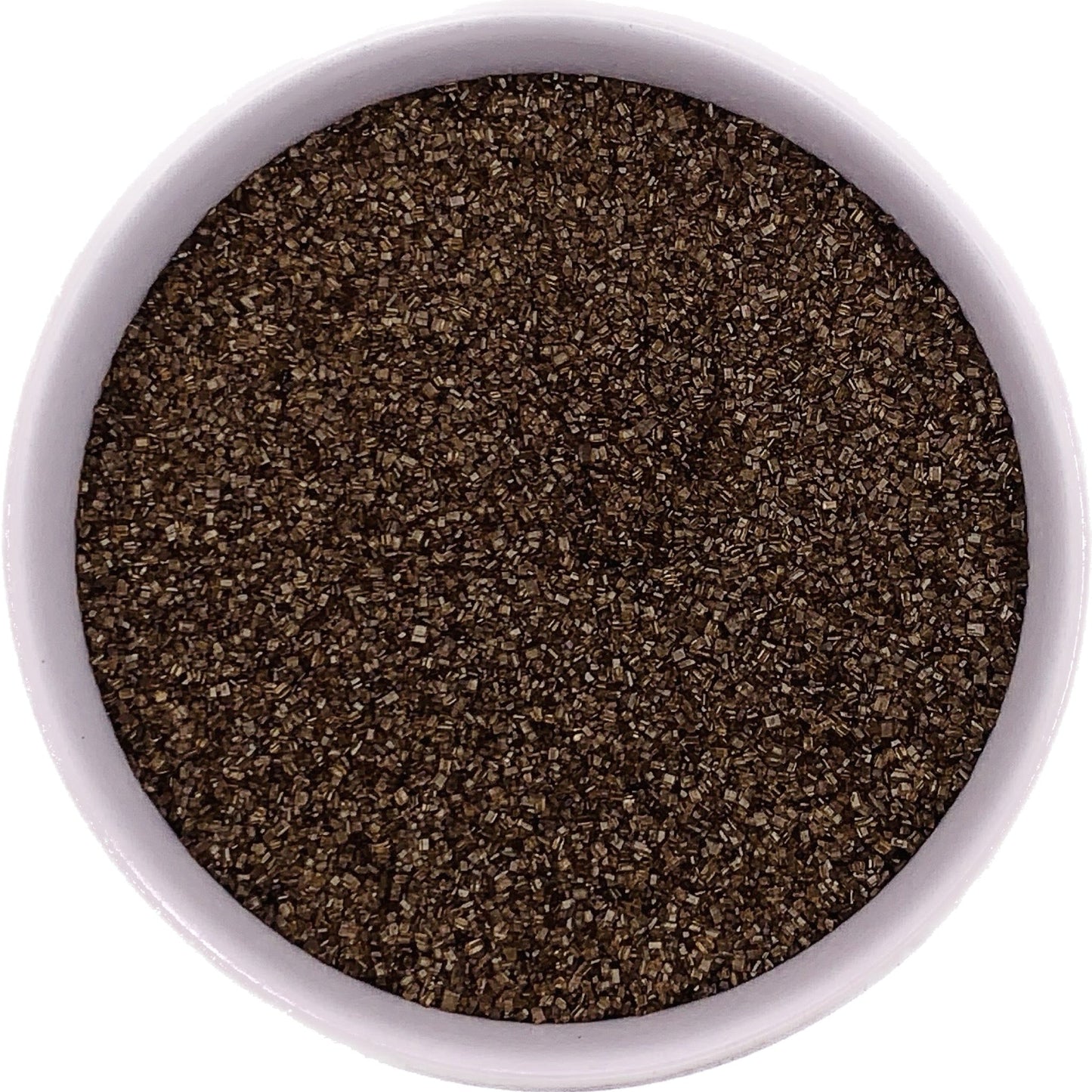 Fine brown sanding sugar in a clear bag, rich chocolate-toned crystals ideal for fall or rustic dessert themes.