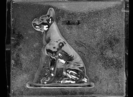 Clear plastic chocolate mold showing the matching back half of a Boxer dog with tail and hind leg shaping, designed to pair with the front half for a complete 3D chocolate figure.