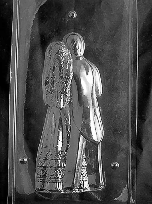 Clear plastic chocolate mold showing the back half of a 10-inch bride and groom: flowing veil texture and coat back with gentle drape. Aligns with the front half to form the complete 3D couple.