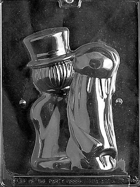 Clear plastic mold featuring the back half of a 3D bride and groom chocolate figure with smooth flowing lines for gown and tuxedo contours.