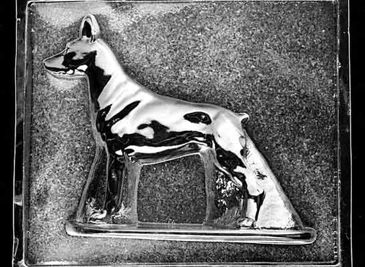 Clear plastic chocolate mold showing the matching back half of a Doberman with defined haunches, tail, and leg contours, designed to pair with the front half for a complete 3D figure.