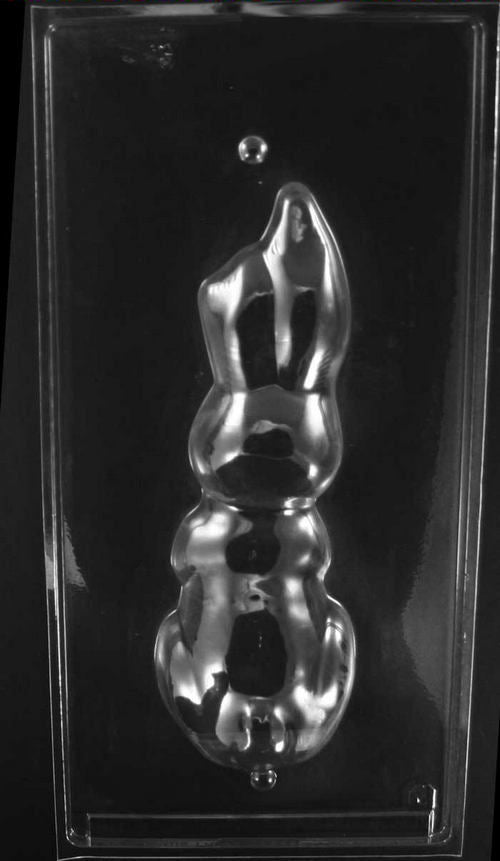 Clear plastic chocolate mold showing the back half of a tall bunny with long ears and rounded body contours, designed to pair with the front half for a complete 3D figure.
