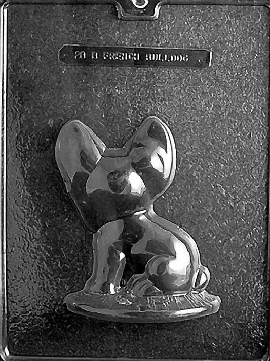 Clear plastic chocolate mold showing the back half of a seated French Bulldog with rounded shoulders, hindquarters, and a small tail, designed to pair with the front half.