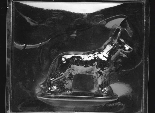 Clear plastic chocolate mold showing the matching back half of a German Shepherd with tail and haunch shaping, designed to pair with the front half for a complete 3D chocolate dog.