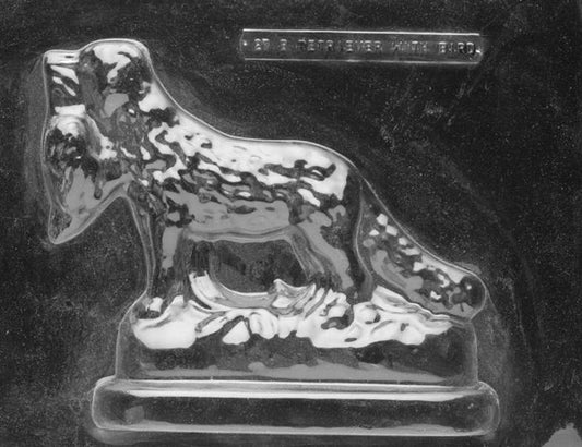Clear plastic chocolate mold showing the back half of a Golden Retriever holding a bird, with tail and coat texture details designed to pair with the front half for a complete 3D figure.