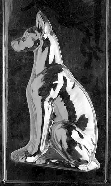 Clear plastic chocolate mold showing the matching back half of a seated Great Dane with rounded hindquarters, tail detail, and smooth contours designed to pair for a complete 3D figure.