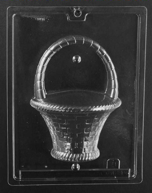 Clear plastic chocolate mold showing the matching back half of a large handled basket with woven texture, designed to pair for a complete 3D chocolate basket.