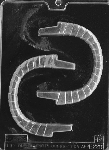 Clear plastic chocolate mold with two curved handle cavities, designed to form a chocolate basket handle that pairs with a large pour basket mold.