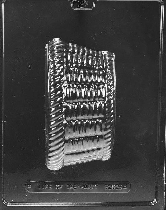 Clear plastic chocolate mold showing the matching half of a medium no-handle basket cavity with the same woven texture, designed to pair for a complete 3D chocolate basket.