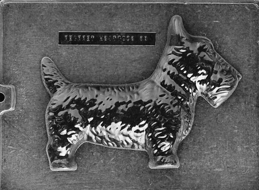 Clear plastic chocolate mold showing the matching back half of a Scottish Terrier with continued coat texture and tail shaping, designed to pair with the front half for a complete 3D figure.