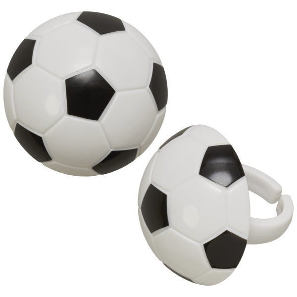 3D soccer ball cupcake rings with black and white panel design, shown from front and side views.