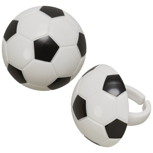 3D soccer ball cupcake rings with black and white panel design, shown from front and side views.
