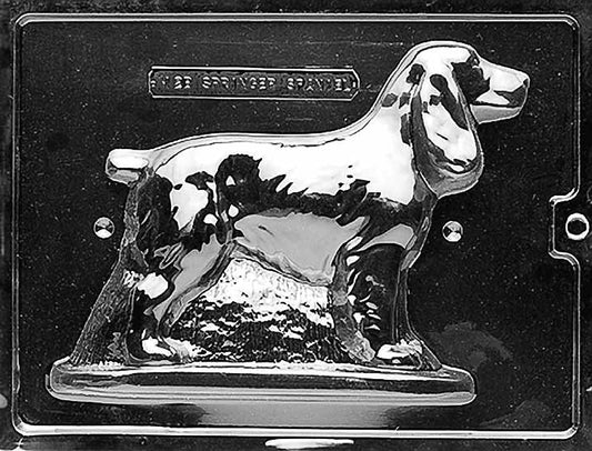 Clear plastic chocolate mold showing the matching back half of a Springer Spaniel with tail and rear leg shaping, designed to pair with the front half for a complete 3D chocolate dog.