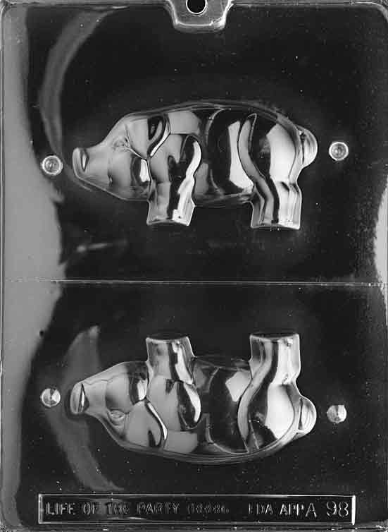 Clear two-cavity chocolate mold forming a standing pig figurine; four legs, perked ears, rounded snout, and small curled tail. Assembles to about 4⅝" x 2¼".