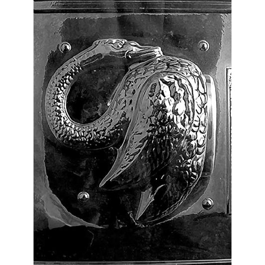 Clear two-piece 3D swan chocolate mold on dark background, displaying full curved neck swan with sculpted feathers for wedding dessert centerpieces.