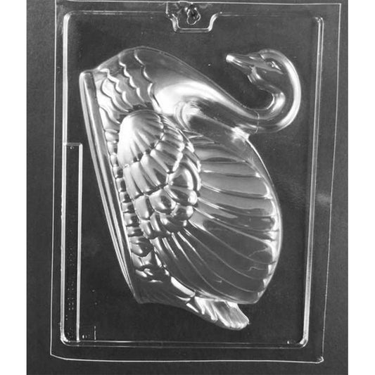 Full clear traditional swan 3D two-piece chocolate mold on dark backing, depicting elegant swan with arched neck and sculpted feathers for wedding chocolate centerpieces.