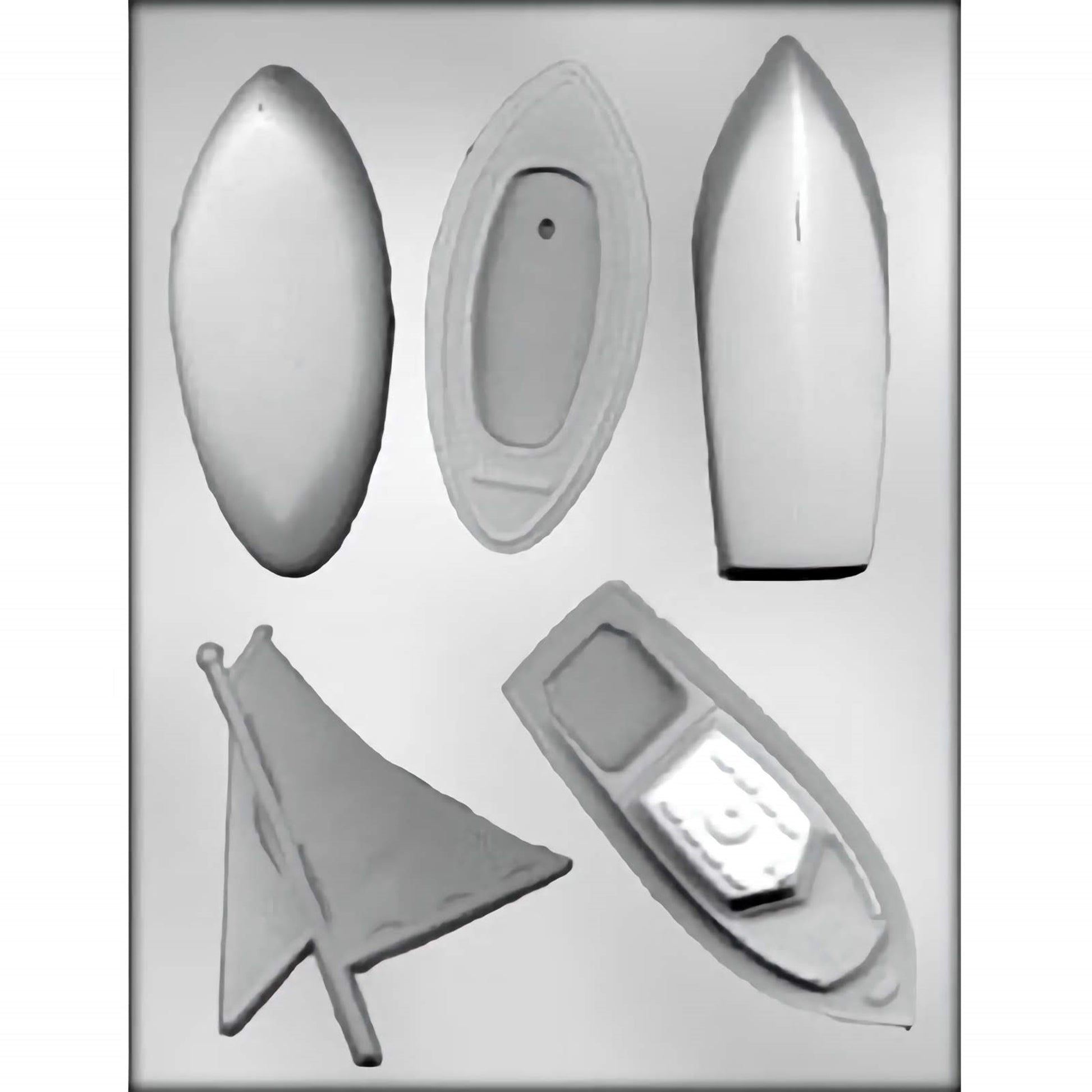 Plastic chocolate mold featuring five different boat parts, including a sailboat and various rowboats.