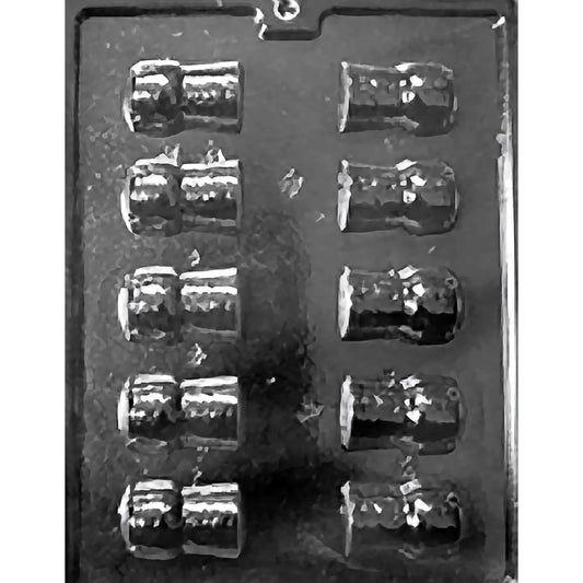 Plastic chocolate mold with twelve small champagne-cork cavities for making mini champagne cork chocolates.