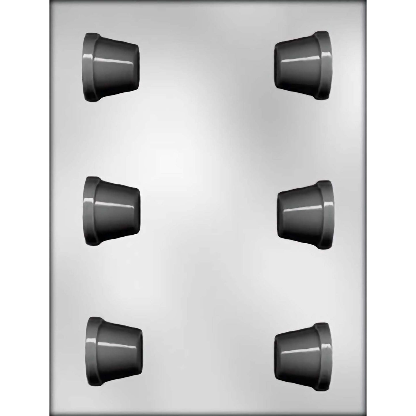 Clear plastic chocolate mold with six cavities, each shaped like a flower pot, suitable for making small 3D flowerpot-shaped chocolates.