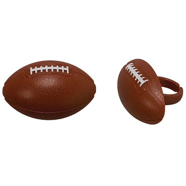 Pack of twelve 3D football-shaped cupcake rings in rich brown with detailed stitching, perfect for football-themed parties and sporty dessert decoration.