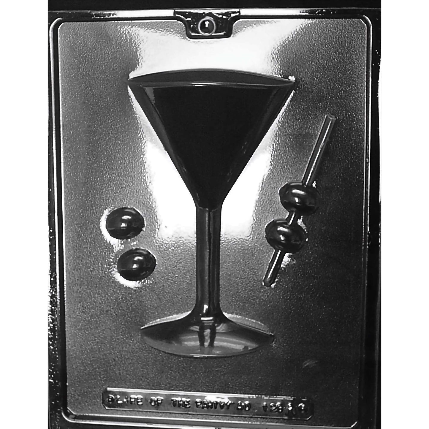 Clear plastic chocolate mold featuring a large martini glass, two olive shapes, and a cocktail pick with two olives, designed for making cocktail-themed chocolates.