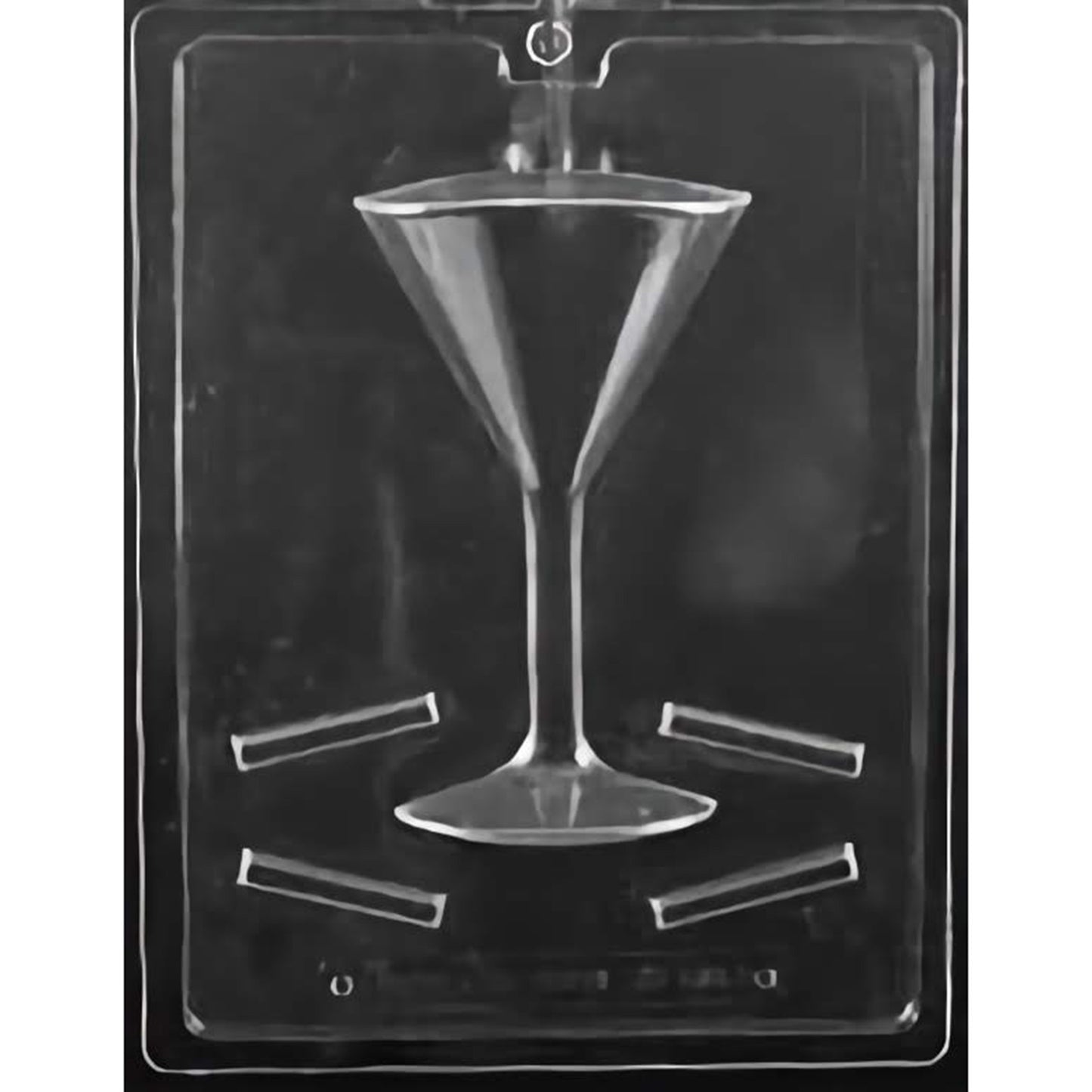 Clear plastic chocolate mold with a single large martini glass in the center and four separate horizontal lines at the bottom, ideal for making a large chocolate martini shape.