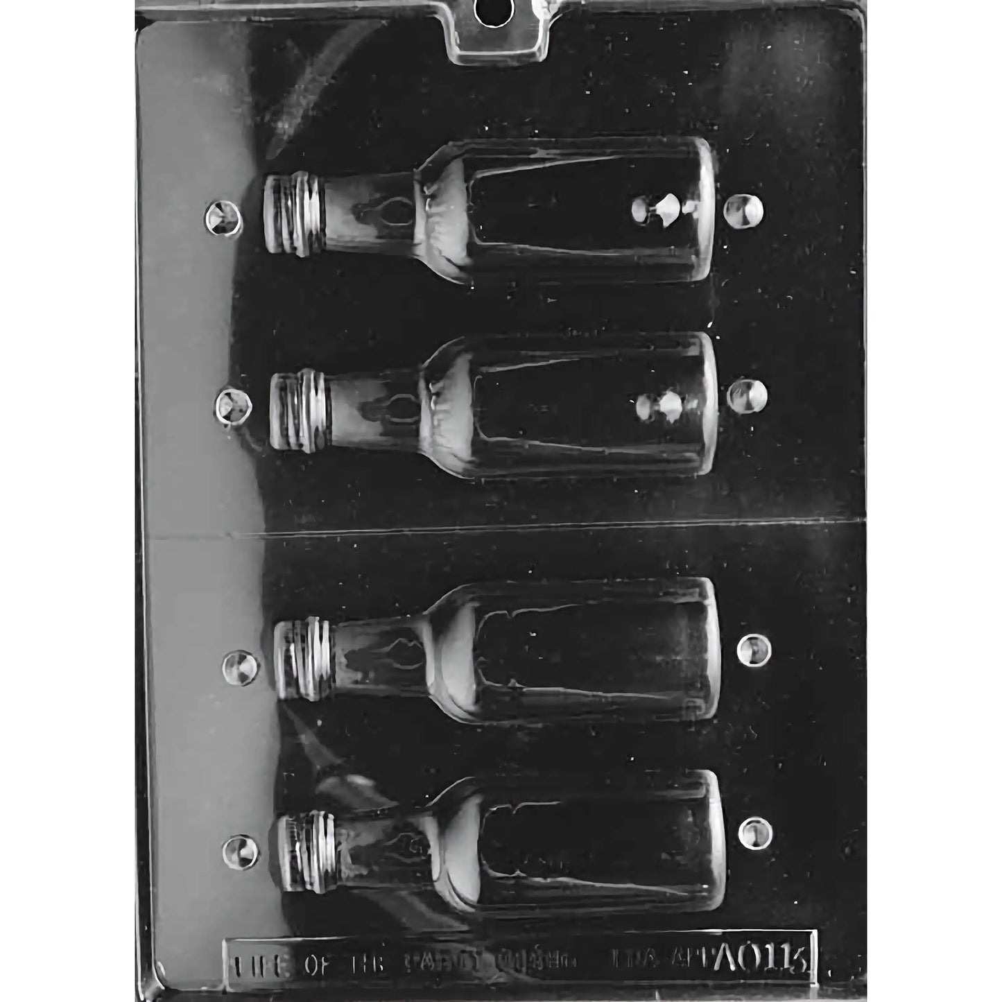 Clear plastic chocolate mold designed for making 3D medium-sized bottle-shaped chocolates, featuring four compartments arranged vertically. Each compartment is shaped like a bottle with detailed neck and cap features, allowing for the creation of three-dimensional chocolates.