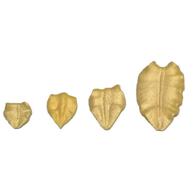 A gradient of royal icing leaves in gold, showcasing realistic veining details. The various sizes allow for creative arrangements on baked goods, adding a luxurious, autumnal accent to any dessert presentation.