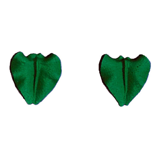 A pair of green royal icing leaves with a realistic vein imprint, set against a white background. These edible decorations are designed to add a natural touch to cake designs, especially when paired with floral sugarpaste elements.