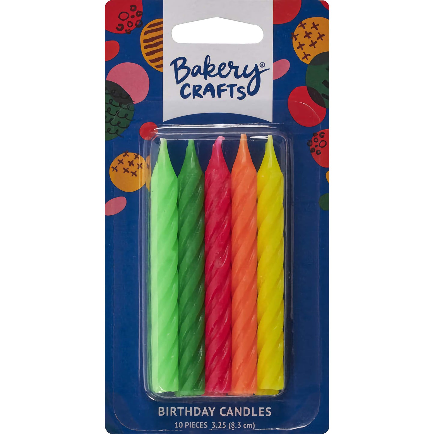 Package of 10 Bakery Crafts 3-inch Assorted Neon Birthday Candles with a classic swirl design, featuring colors lime, dark green, hot pink, neon orange, and yellow.