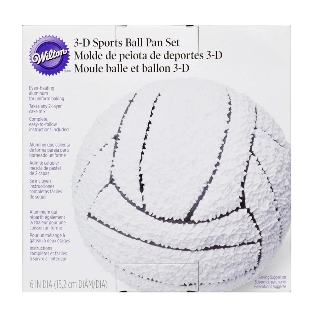 Wilton 3-D Sports Ball Pan Set retail package featuring a decorated 6-inch basketball cake