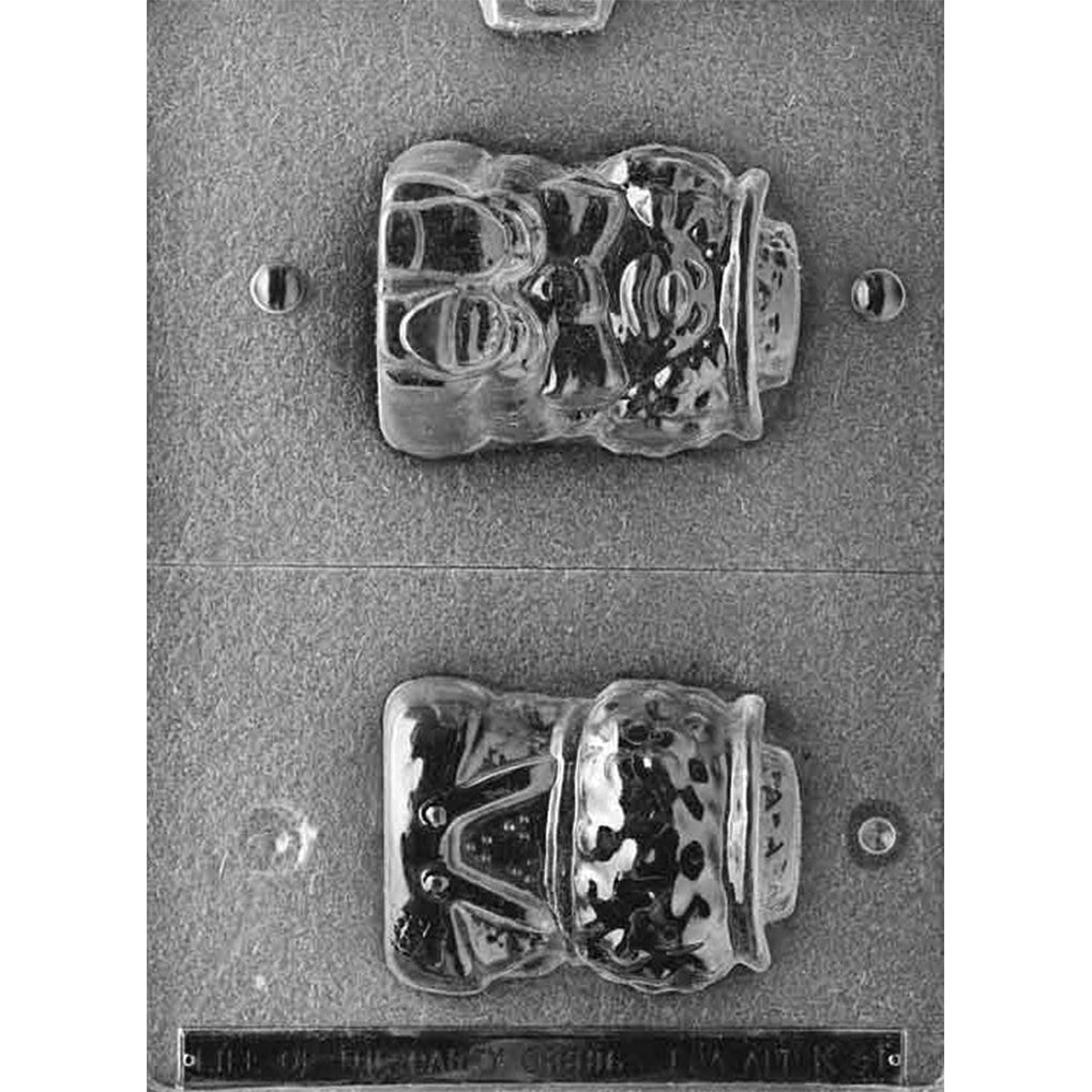 Clear two-piece chocolate mold for a seated 3D cartoon clown with a smiling face, hat, oversized bow tie, one shoe with a loose sole, and toes sticking out of the other shoe.