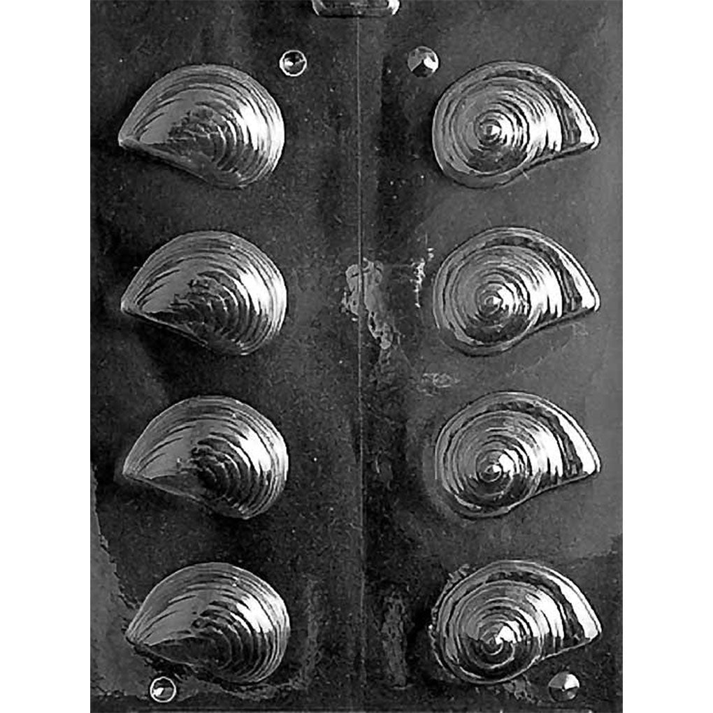Eight-cavity 3D clam and mussel shell chocolate mold with four of each deeply molded design measuring approximately 2 x 1 1/2 x 1 3/8 inches