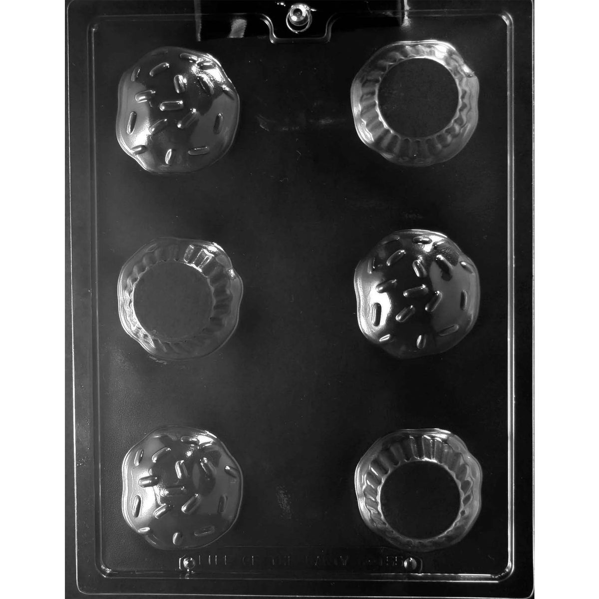 Clear plastic 3D Cupcakes Chocolate Mold with six cavities forming three fluted cupcake bases and three rounded frosting tops with sprinkles