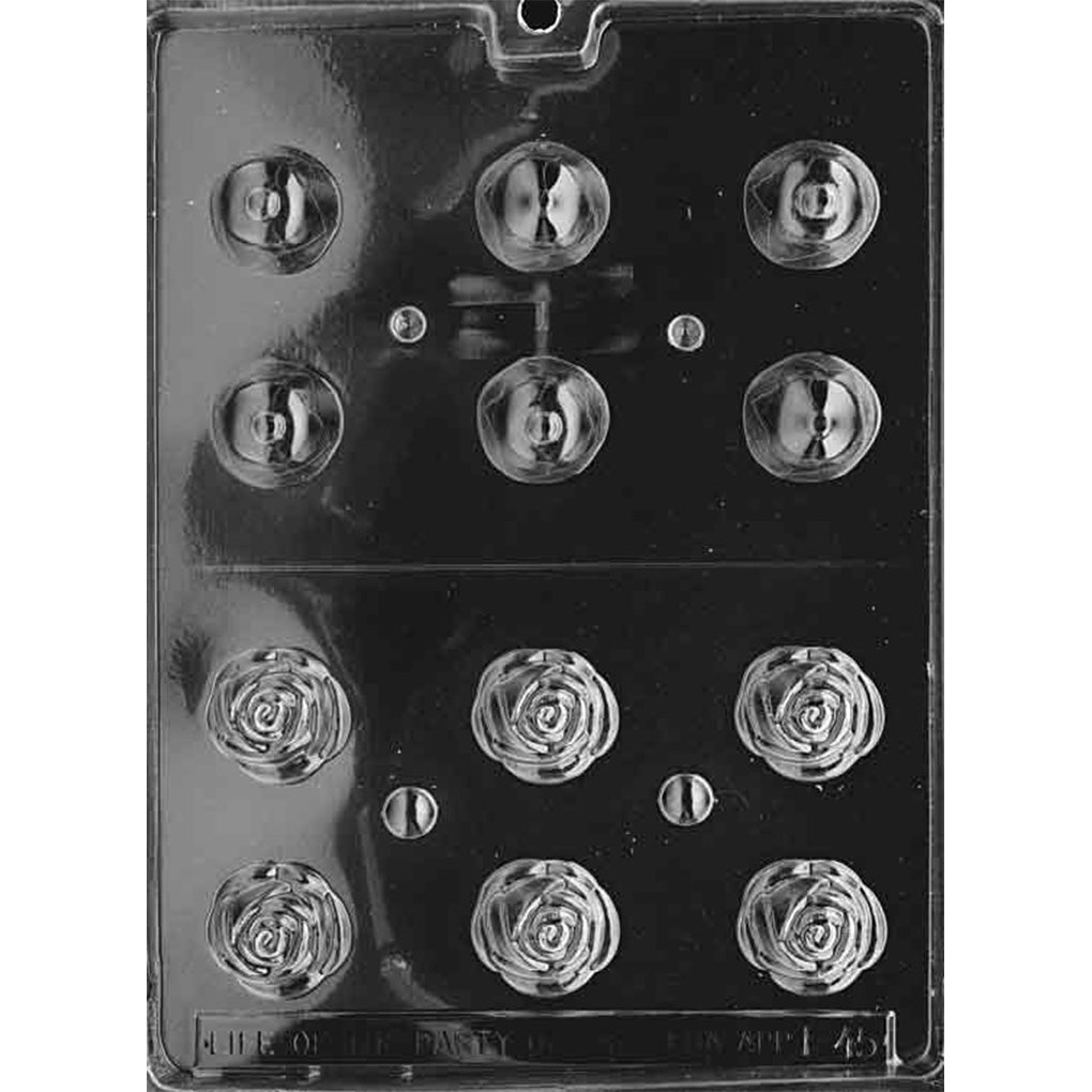 Twelve-cavity 3D rose chocolate mold with six detailed blossom tops and six rounded bottoms for making six assembled 1 1/4-inch roses