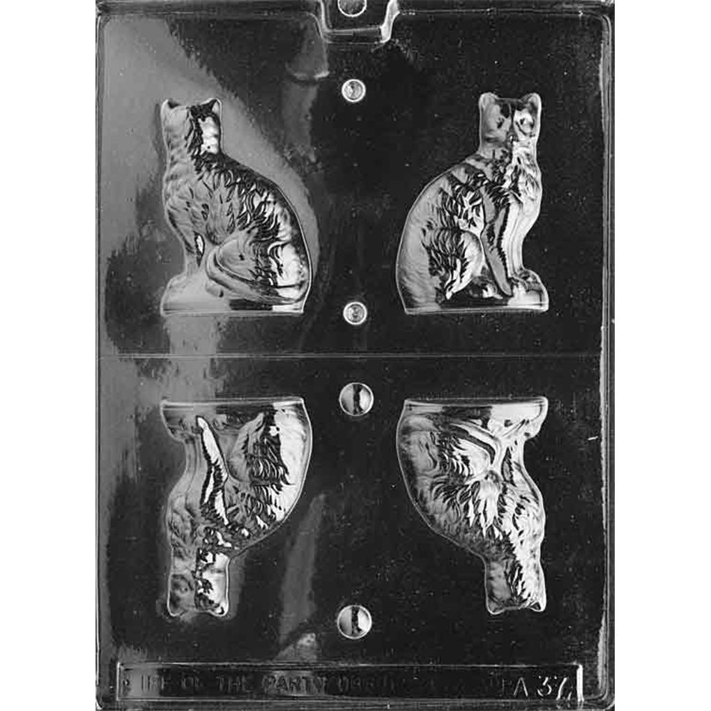 Clear 3D Seated Cat Chocolate Mold photographed against a black background with 4 detailed front and back cat cavities used to create 2 complete seated chocolate cats.