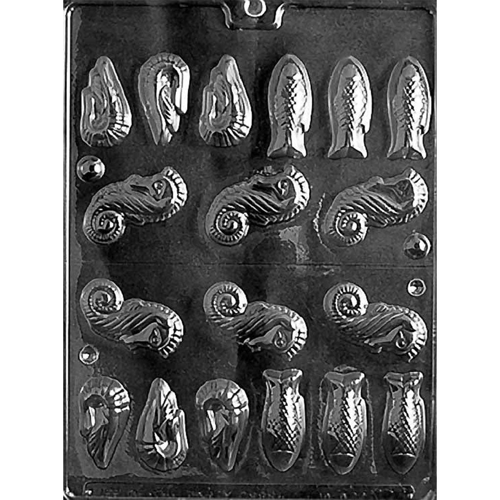 Eighteen-cavity chocolate mold with paired front and back halves for making three 3D shrimp, three seahorses, and three fish.