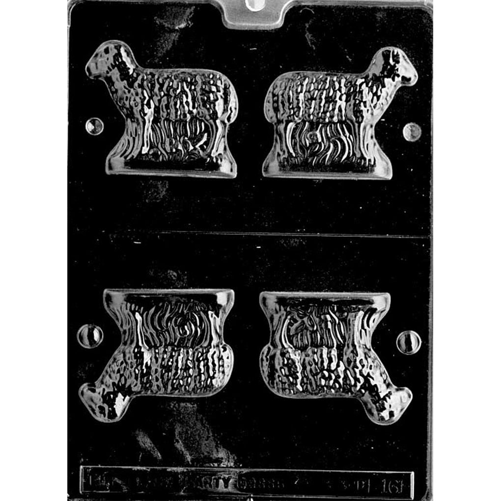 Four-cavity 3D standing lamb chocolate mold with detailed wool and grassy bases, making two assembled lambs from halves measuring 2 1/2 x 3 x 7/8 inches deep