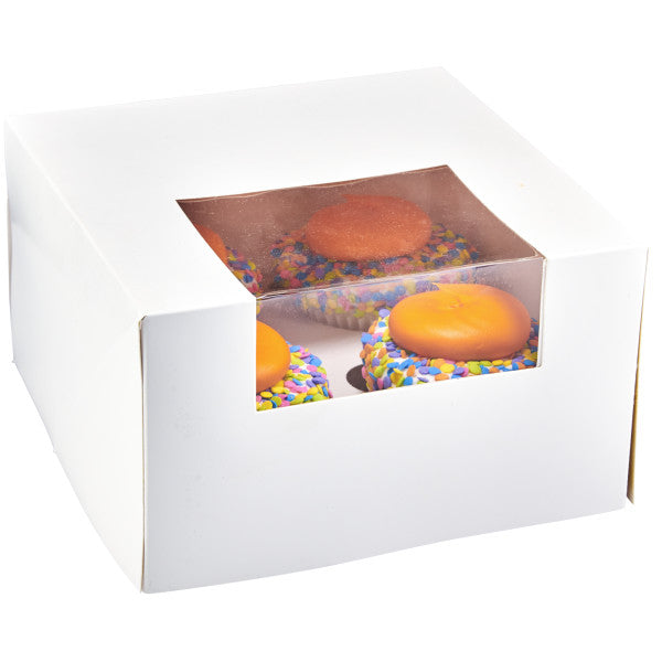 White 4-cupcake box with a clear window, displaying decorated cupcakes inside.